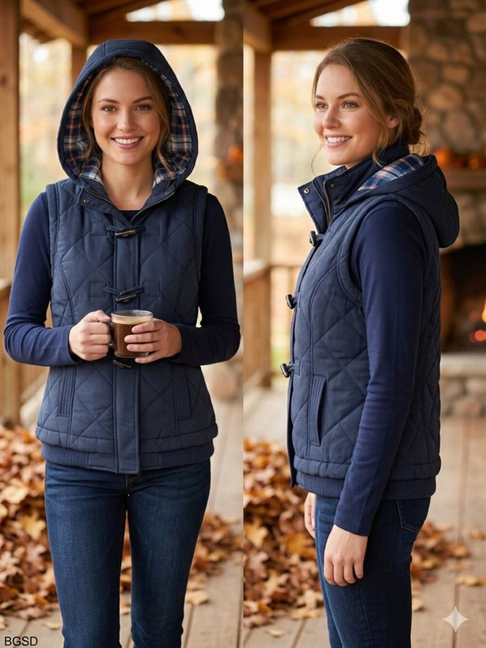BGSD Blue Quilted Hooded Toggle Vest with Flannel Plaid Lining - Size Small NEW